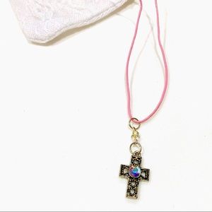 Handmade Delicate Pink Rhinestone Cross Necklace by McGlamorous